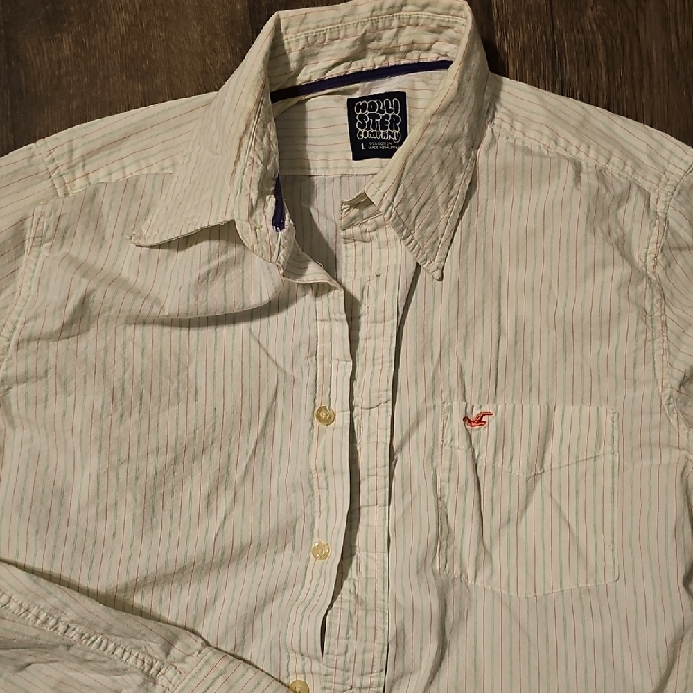 VINTAGE Hollister Men White Green and Red Striped Shirt 80s 90s  Large